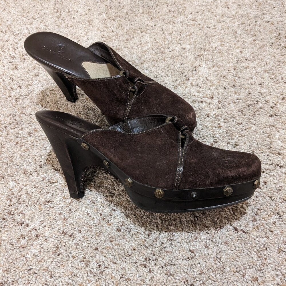 Cole Haan Dark Brown Suede Studded Platform Mules